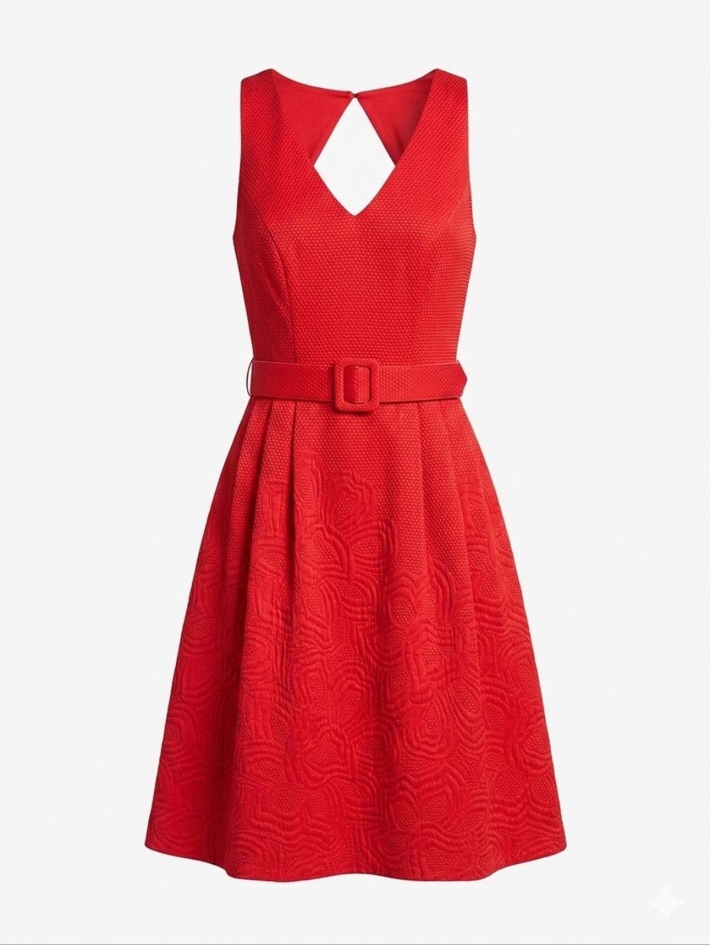 Kay Unger New York Watermelon Red Floral Jacquard Belted Fit And Flare Dress